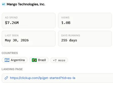 VidSniff ad detail showing ad spend, views, days running, times duplicated, countries and landing page